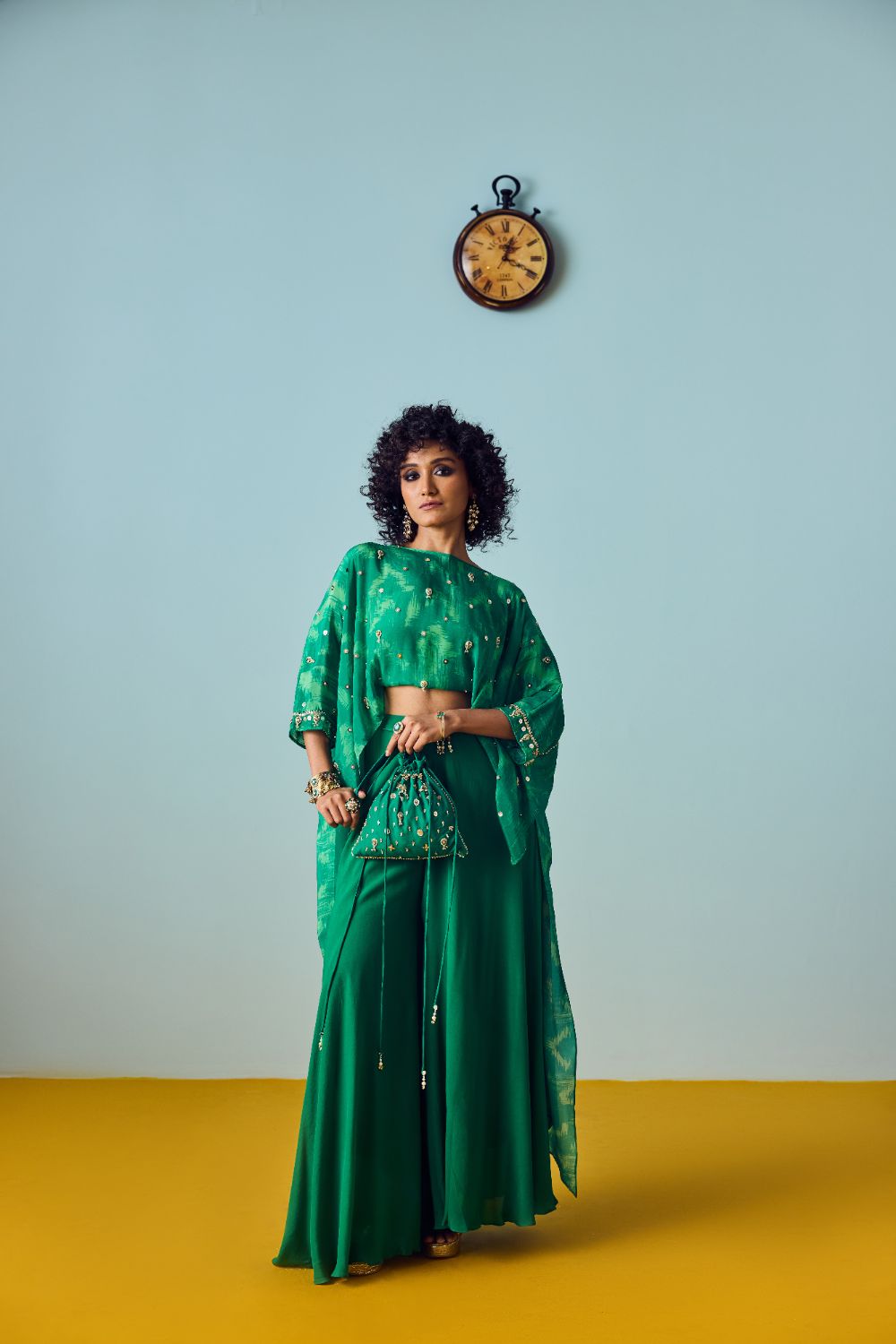 Nexa Green Hi-Low Top & Flared Palazzo Set