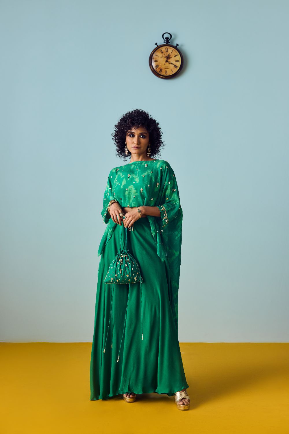 Nexa Green Hi-Low Top & Flared Palazzo Set