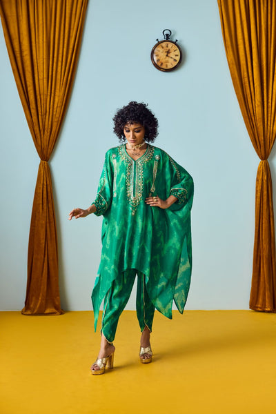 Raso Coral Green Hand-Embroidered Tunic with Tulip Pants