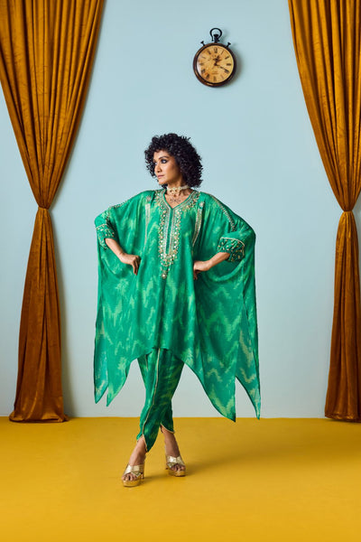 Raso Coral Green Hand-Embroidered Tunic with Tulip Pants
