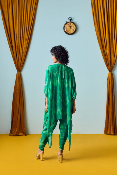 Raso Coral Green Hand-Embroidered Tunic with Tulip Pants