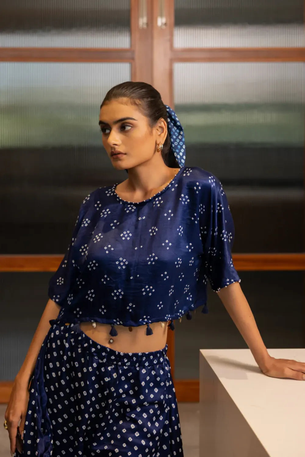 CROP TOP W TASSLES-NAVY BLUE