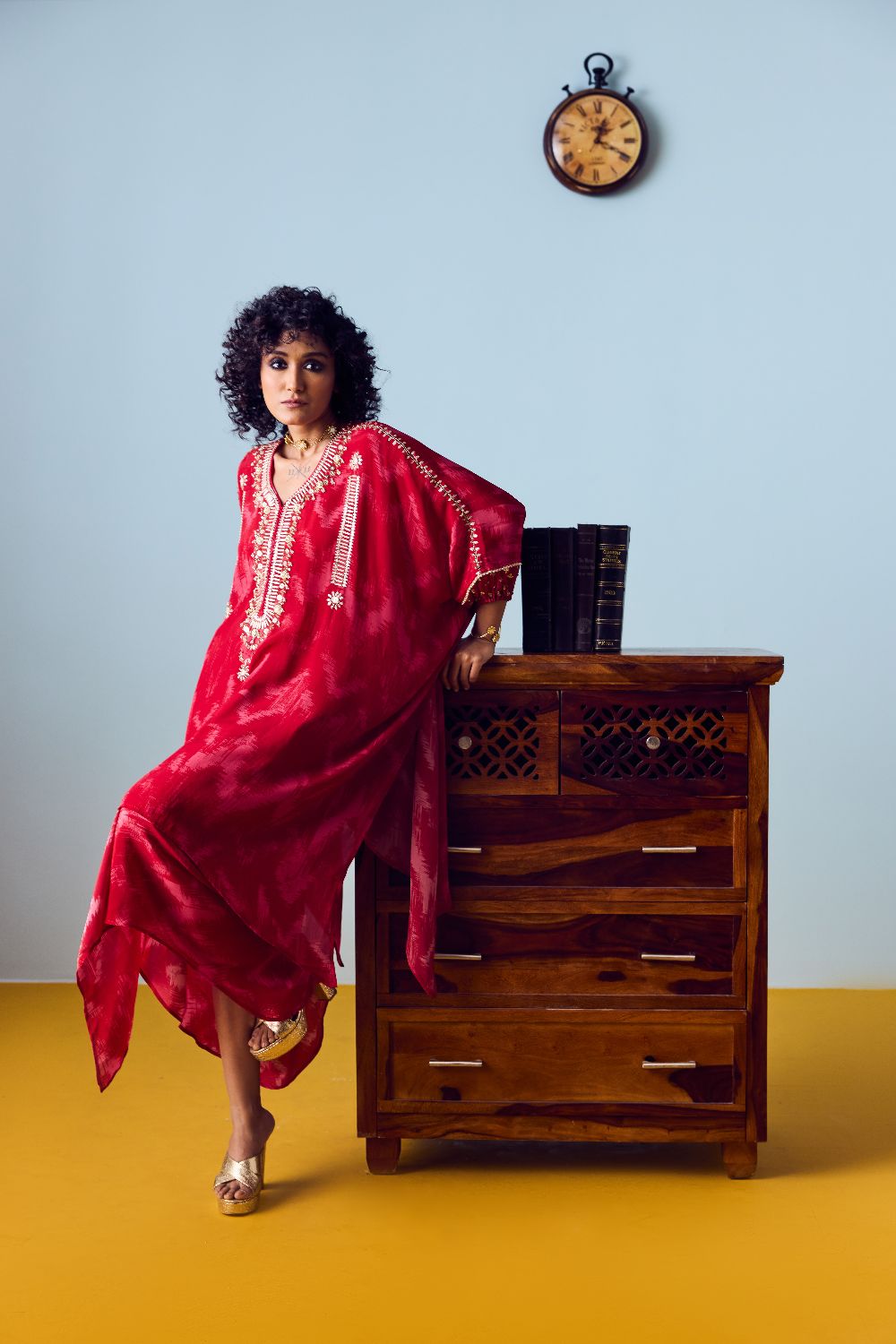 Raso Red Hand-Embroidered Kaftan Tunic with Draped Skirt Set