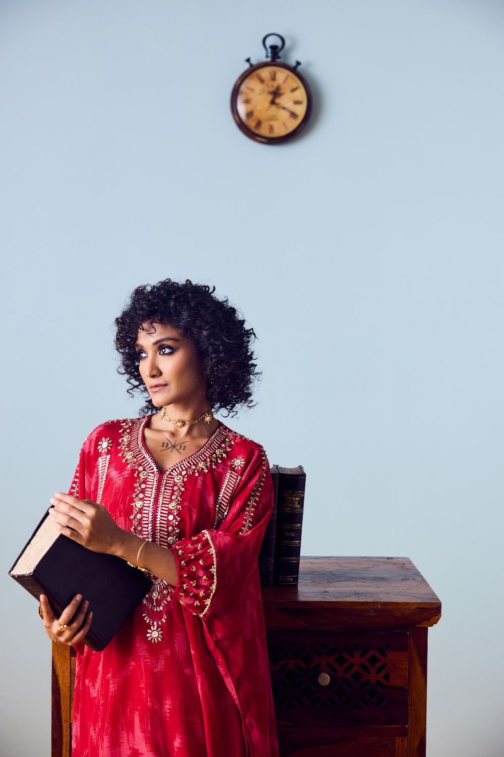 Raso Red Hand-Embroidered Kaftan Tunic with Draped Skirt Set