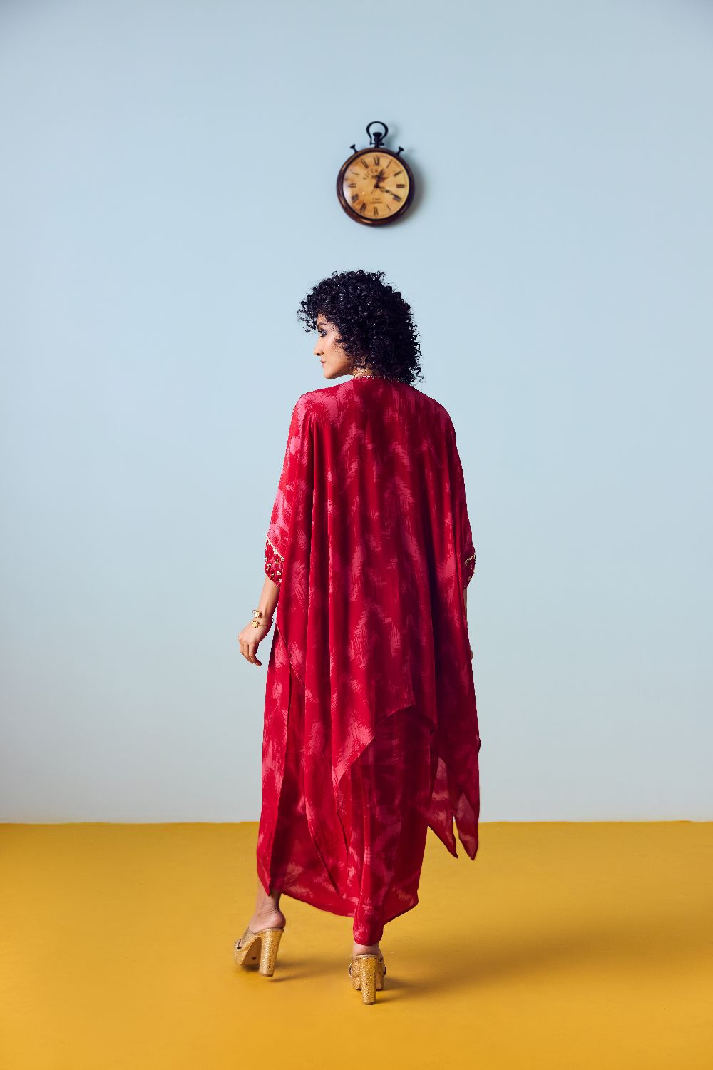 Raso Red Hand-Embroidered Kaftan Tunic with Draped Skirt Set