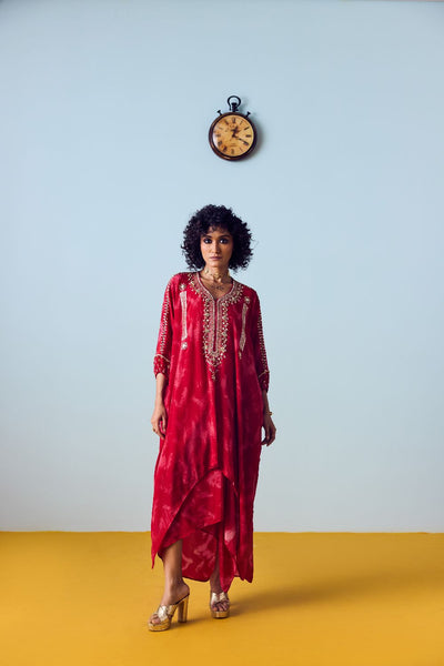 Raso Red Hand-Embroidered Kaftan Tunic with Draped Skirt Set