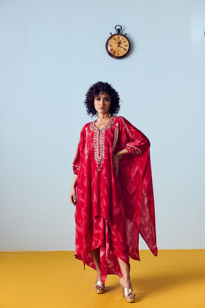 Raso Red Hand-Embroidered Kaftan Tunic with Draped Skirt Set
