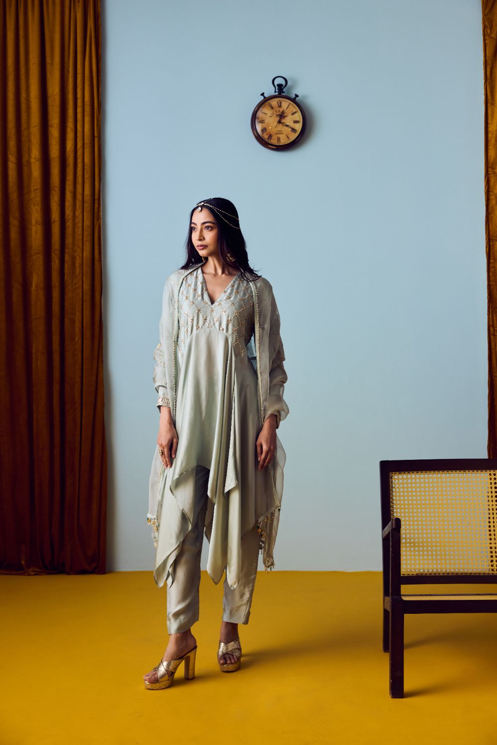Sureen Festive Asymmetric Sage Green Kurta Set with Dupatta
