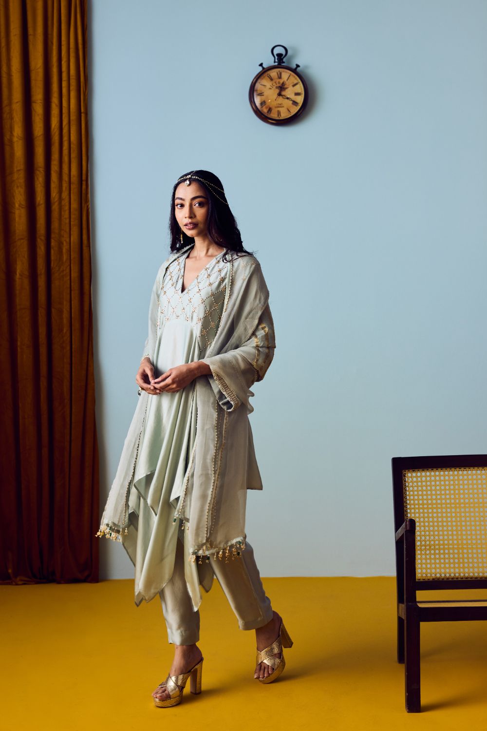 Sureen Festive Asymmetric Sage Green Kurta Set with Dupatta