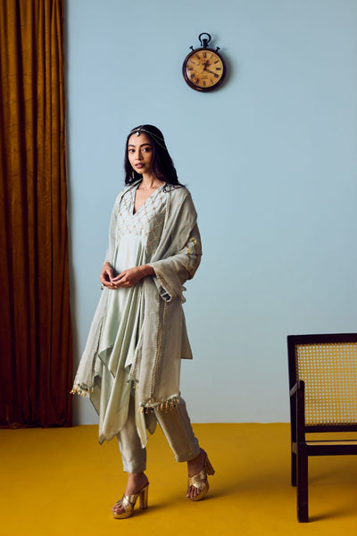 Sureen Festive Asymmetric Sage Green Kurta Set with Dupatta