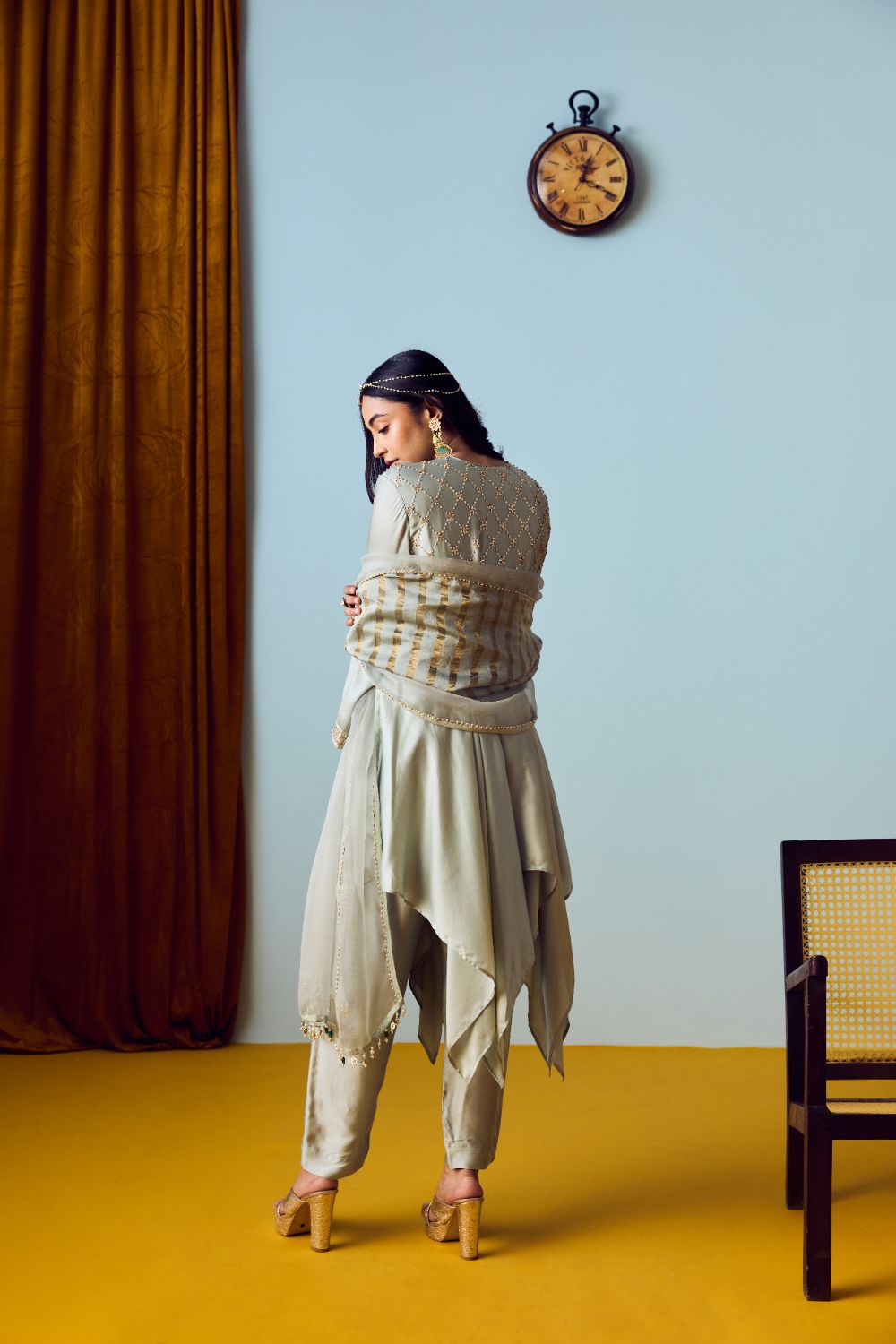 Sureen Festive Asymmetric Sage Green Kurta Set with Dupatta