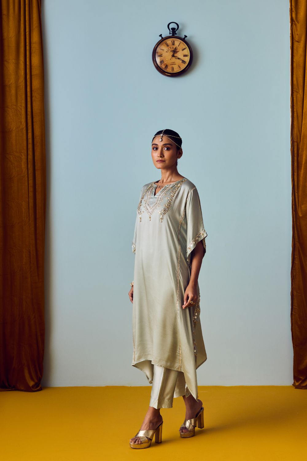 Nourie Sage Green Hand-Embroidered Kaftan Set