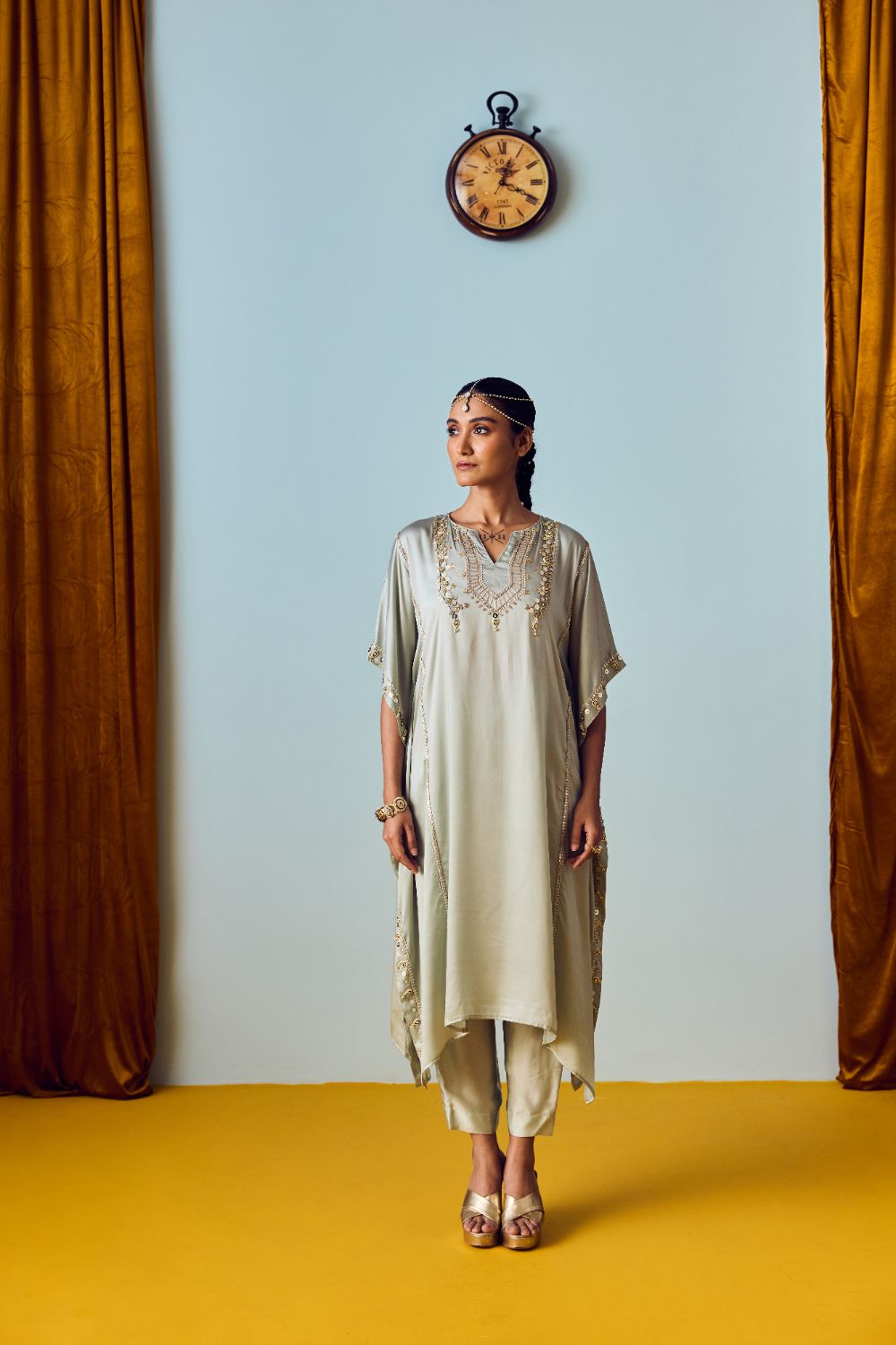 Nourie Sage Green Hand-Embroidered Kaftan Set
