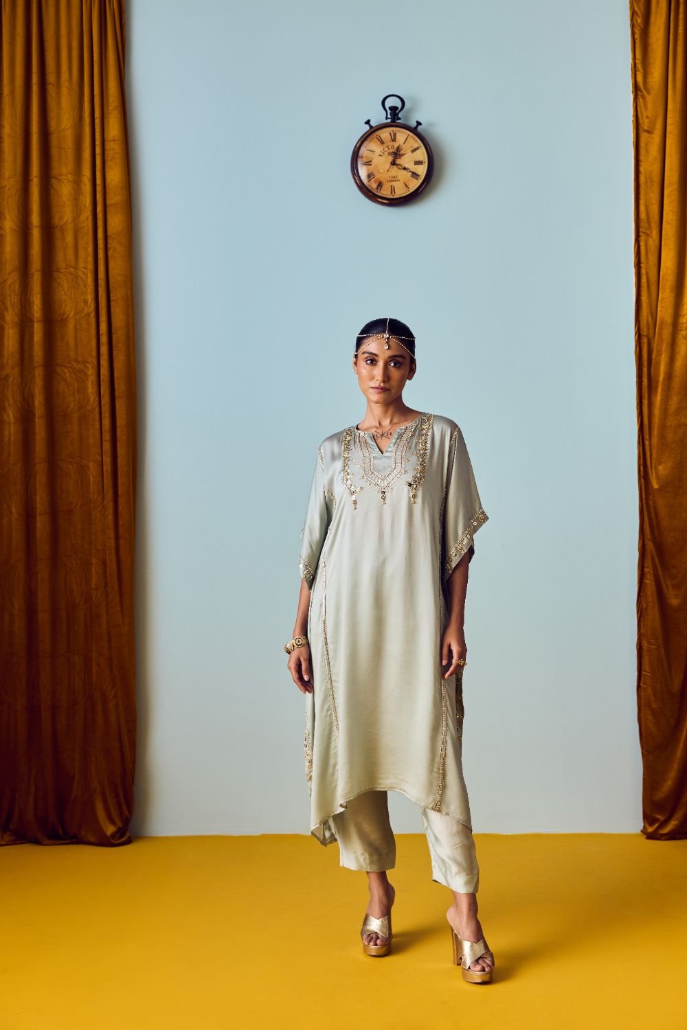 Nourie Sage Green Hand-Embroidered Kaftan Set