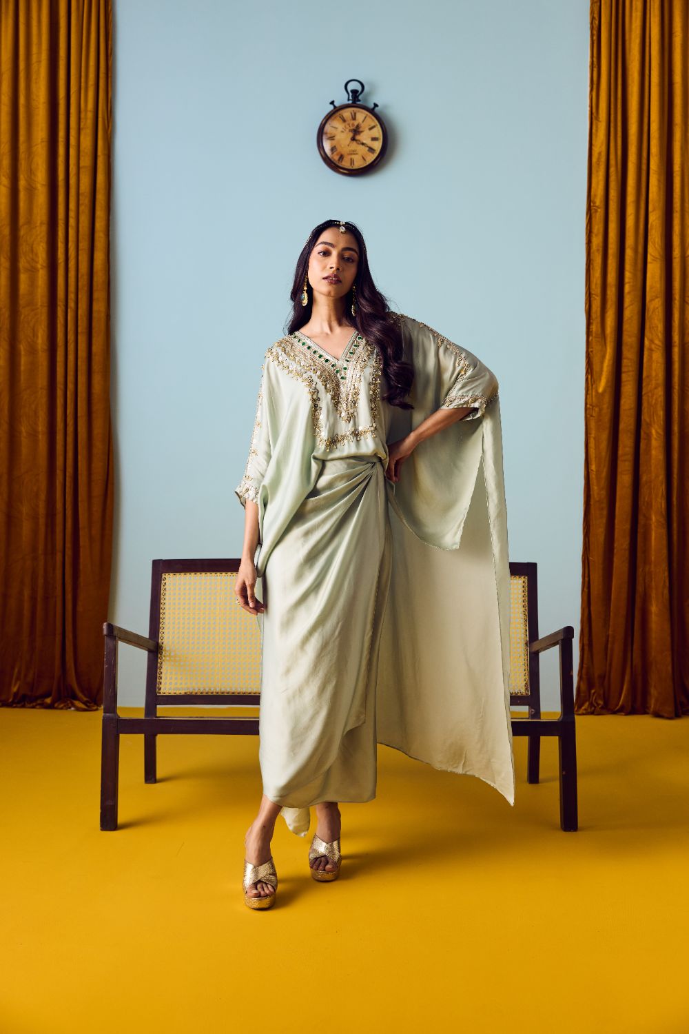 Nexa Sage Green Hi-Low Top and Wrap Skirt Set