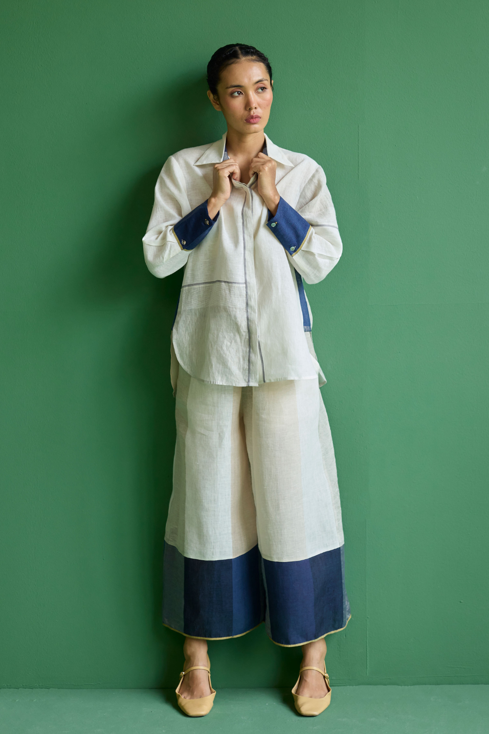 Yang Color-Blocked Metallic Linen Shirt
 - Ivory