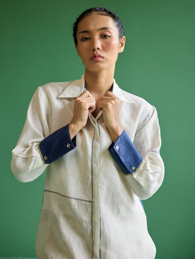 Yang Color-Blocked Metallic Linen Shirt
 - Ivory