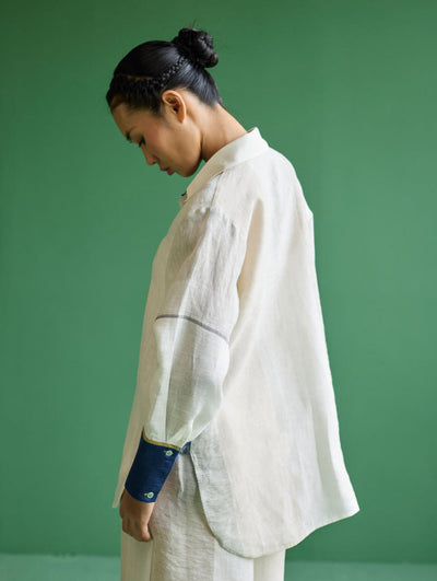 Yang Color-Blocked Metallic Linen Shirt
 - Ivory
