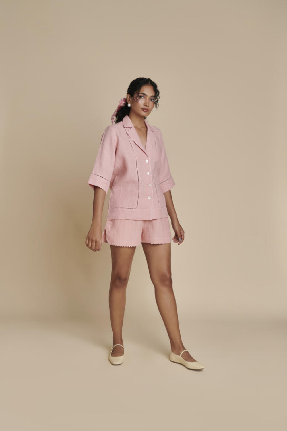 Candy Floss Linen Lapel Collar Shirt Set