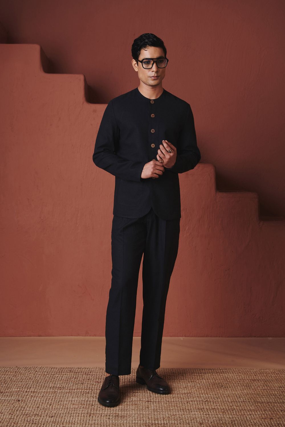 Carbon Co Linen Men's Round Neck Jacket Set