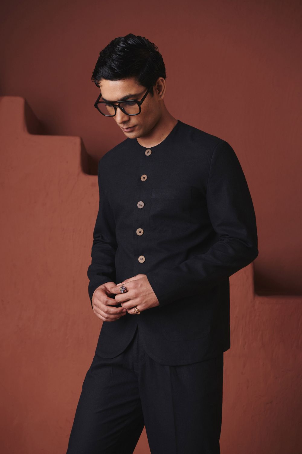 Carbon Co Linen Men's Round Neck Jacket Set