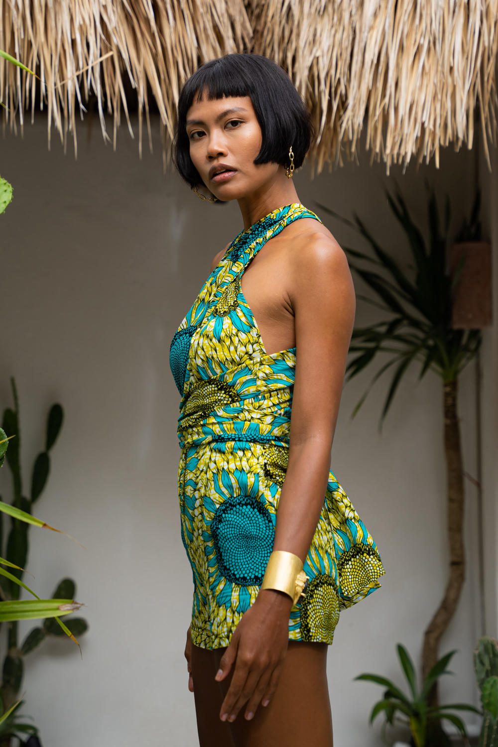 Chinwe Shorts Infinity Romper - Yellow/Green Sunflower Print