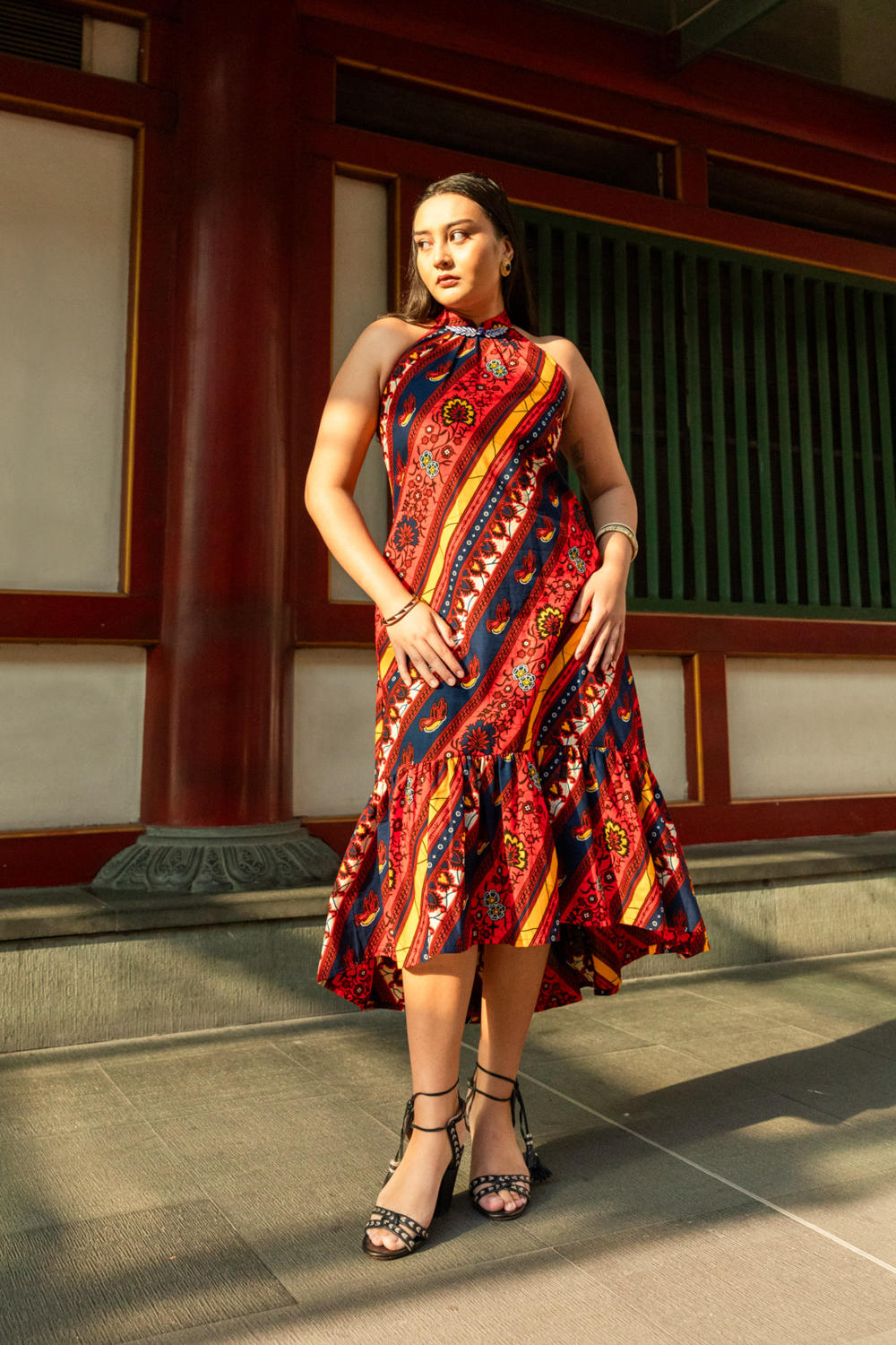 Chioma Cheongsam Dress - Red Blue and Yellow African Ankara Wax Cotton Print