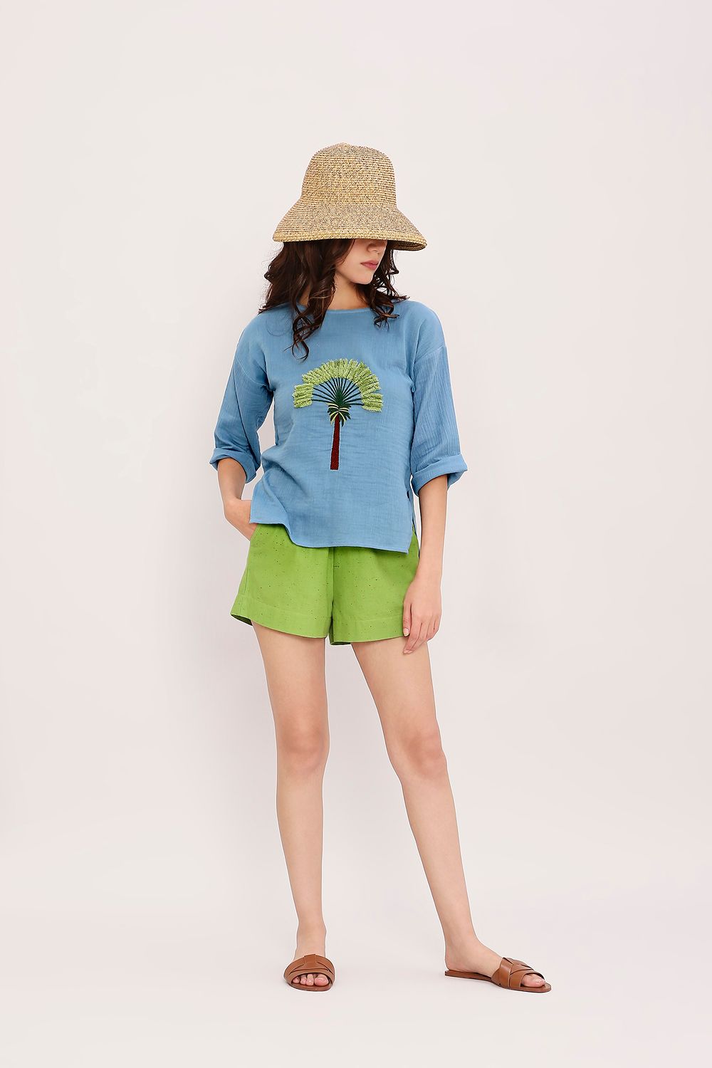 Coco Blue Embroidered Top & Green Shorts Set (2 PCS)