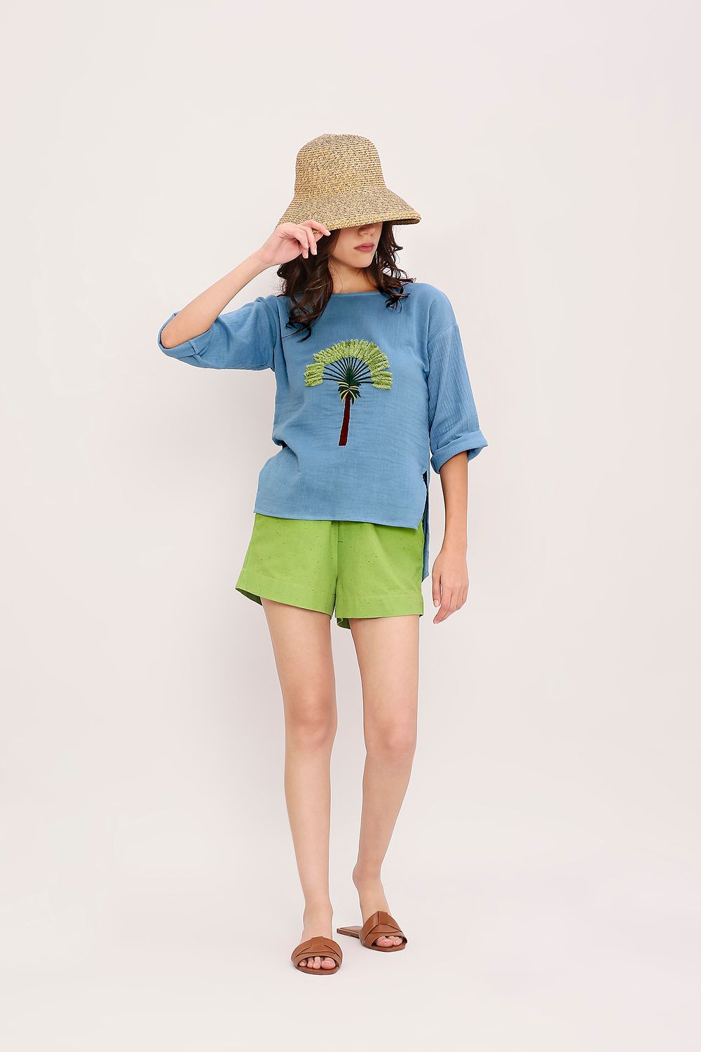 Coco Blue Embroidered Top & Green Shorts Set (2 PCS)