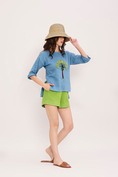 Coco Blue Embroidered Top & Green Shorts Set (2 PCS)