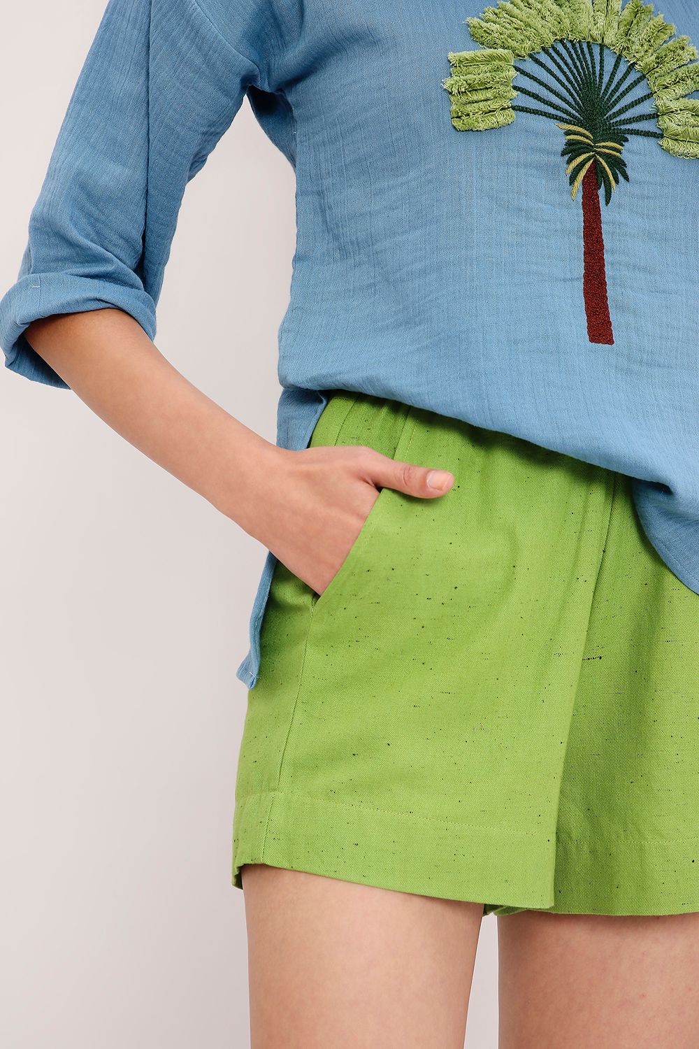 Coco Blue Embroidered Top & Green Shorts Set (2 PCS)