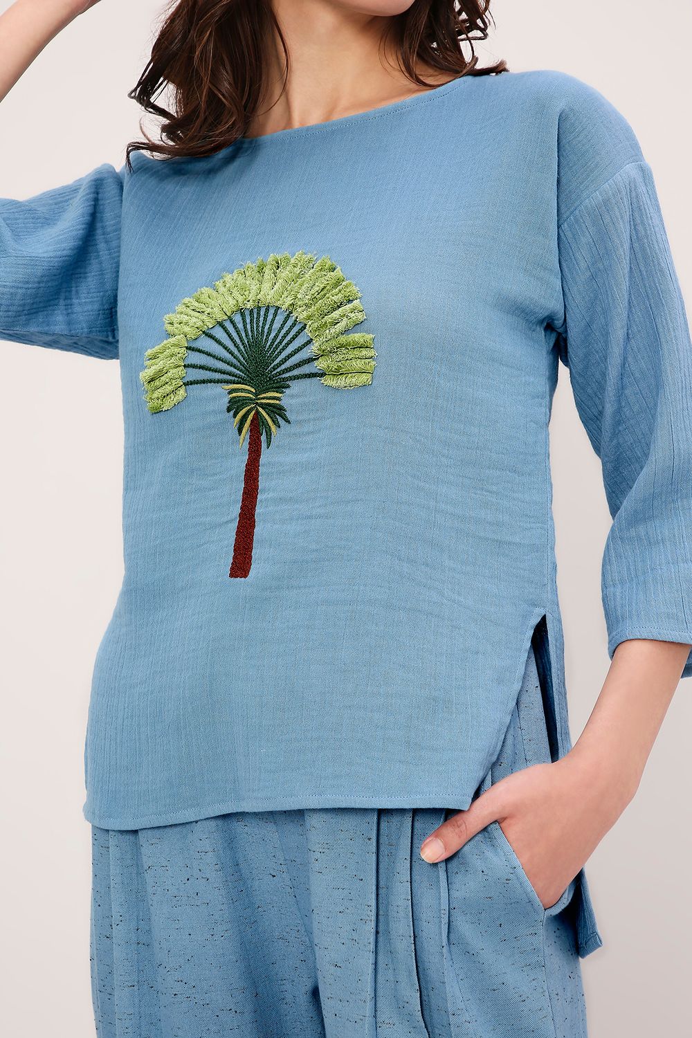 Coco Blue Embroidered Top & Pants Set (2 PCS)