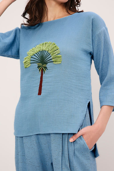 Coco Blue Embroidered Top & Pants Set (2 PCS)