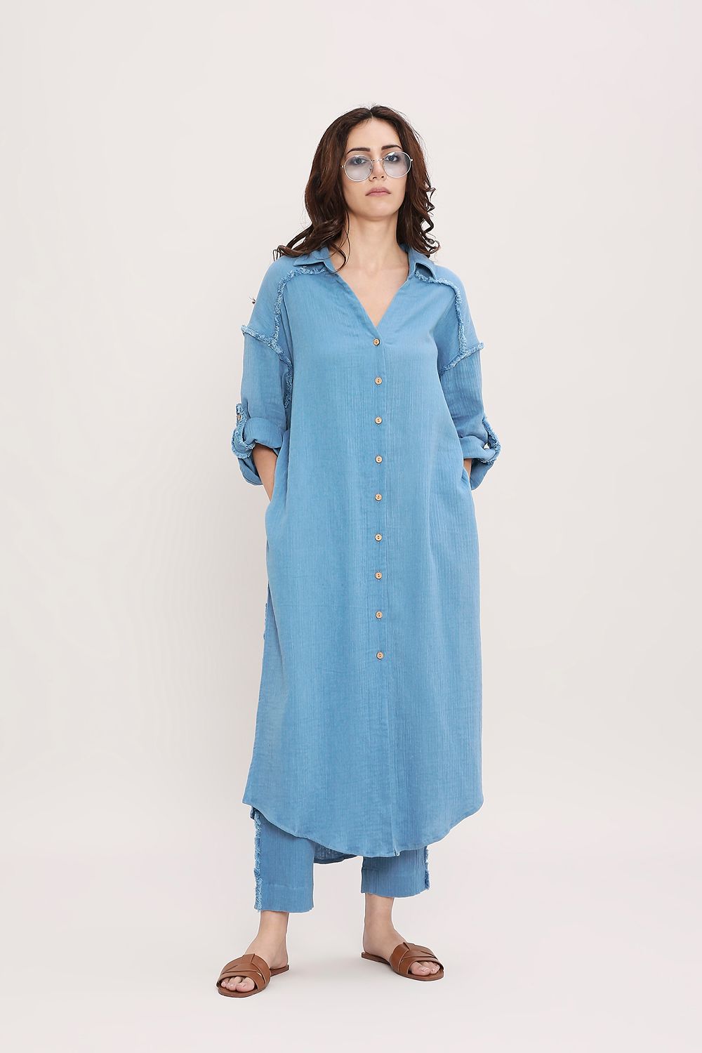 Coco Blue Fringed Shirt Set (2 PCS)
