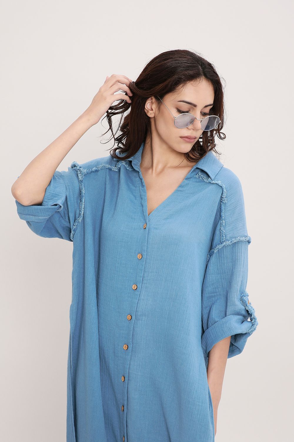 Coco Blue Fringed Shirt Set (2 PCS)