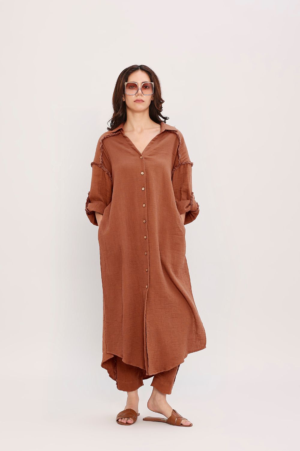 Coco Brown Fringed Shirt Set (2 PCS)