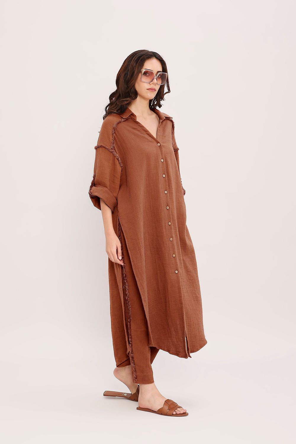 Coco Brown Fringed Shirt Set (2 PCS)
