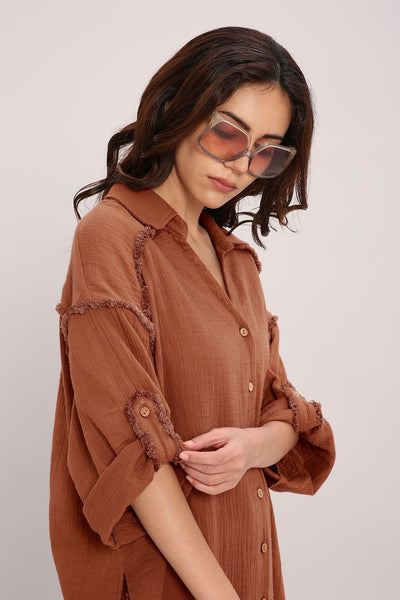Coco Brown Fringed Shirt Set (2 PCS)