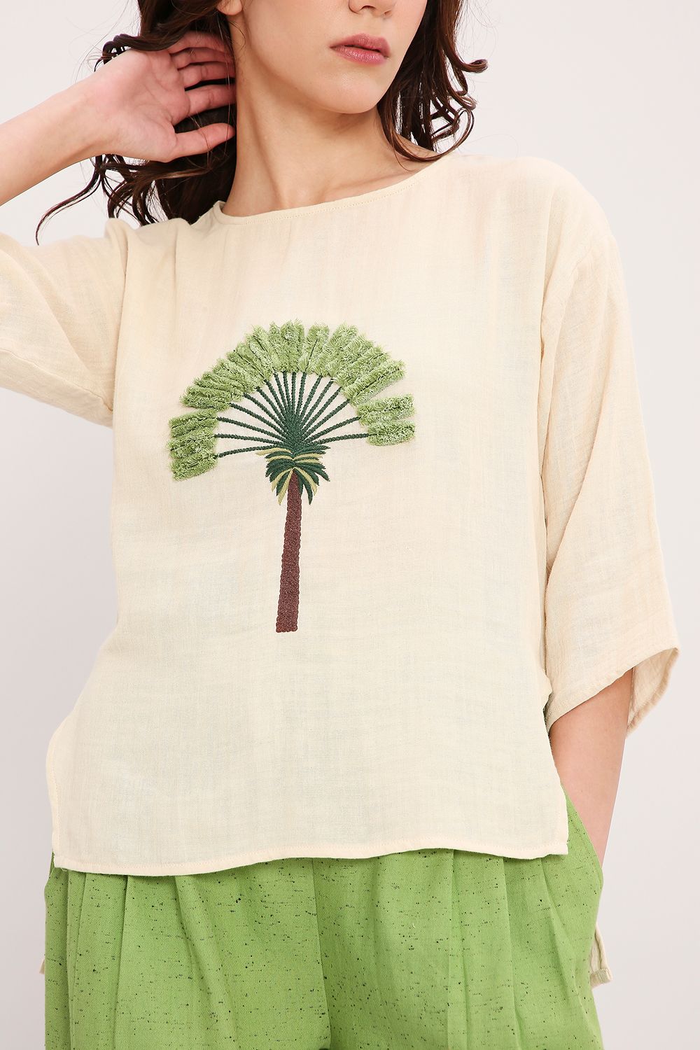 Coco Cream Embroidered Top & Pants Set (2 PCS)