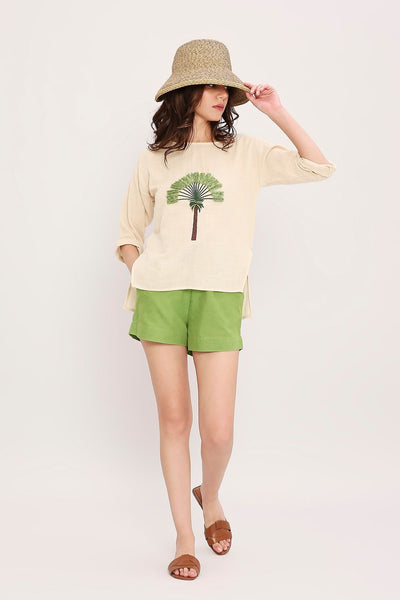 Coco Cream Embroidered Top & Green Shorts Set (2 PCS)