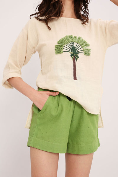 Coco Cream Embroidered Top & Green Shorts Set (2 PCS)