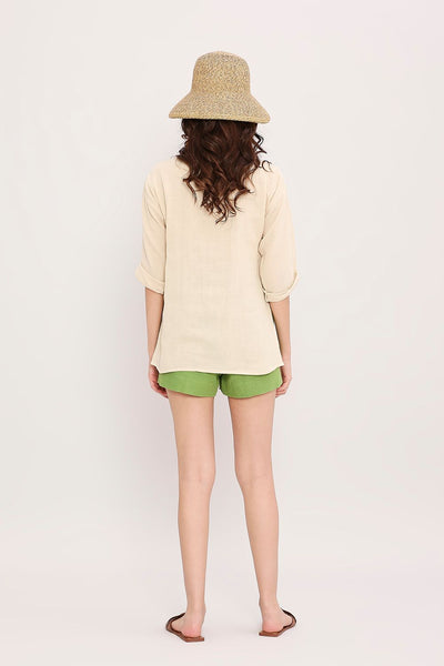 Coco Cream Embroidered Top & Green Shorts Set (2 PCS)