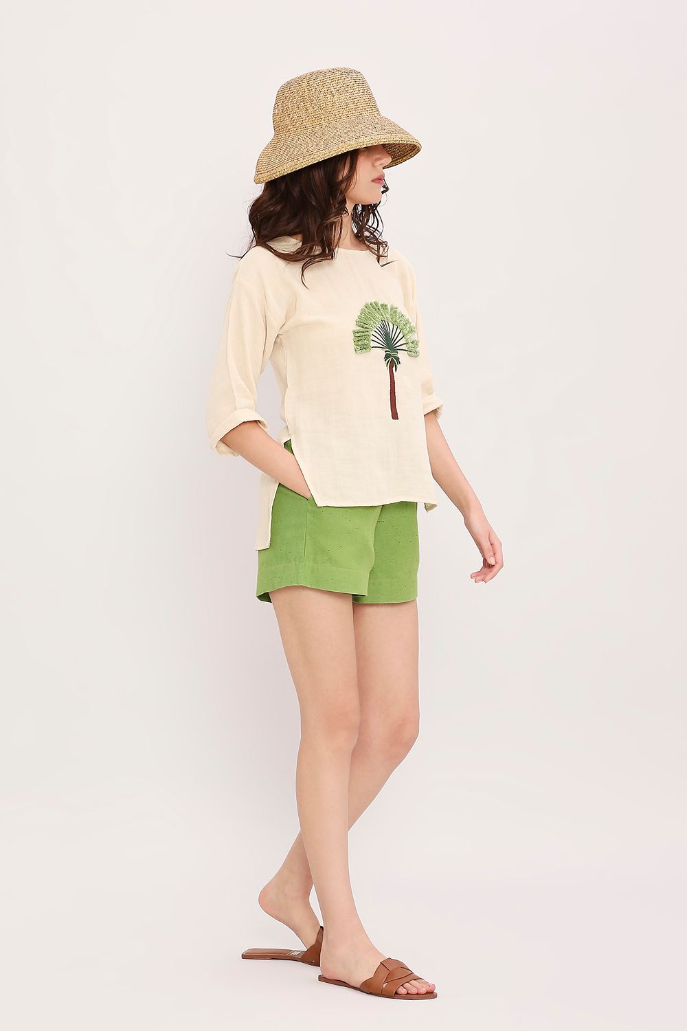 Coco Cream Embroidered Top & Green Shorts Set (2 PCS)