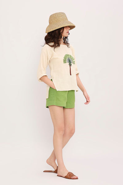 Coco Cream Embroidered Top & Green Shorts Set (2 PCS)