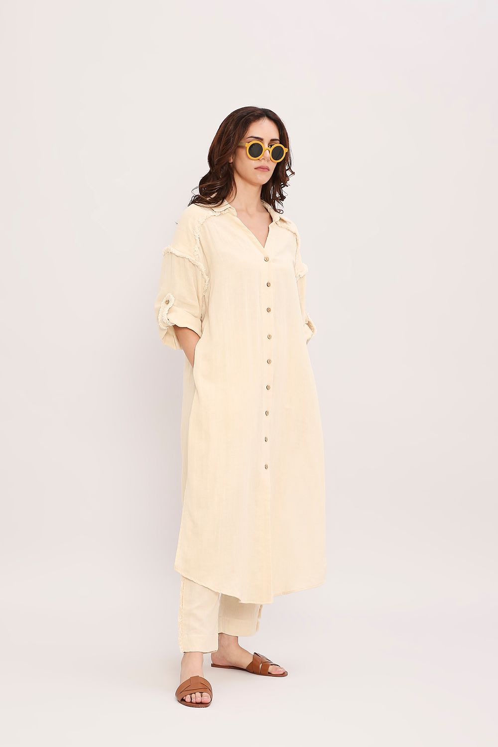 Coco Cream Fringed Shirt Set (2 PCS)