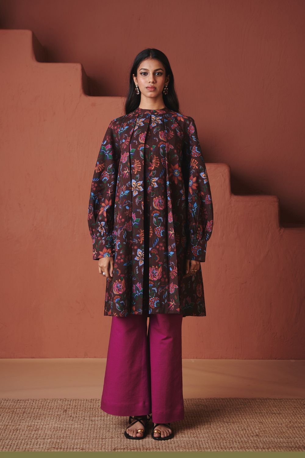 Coffee Chintz Co Linen Front Pleated Kurta Set