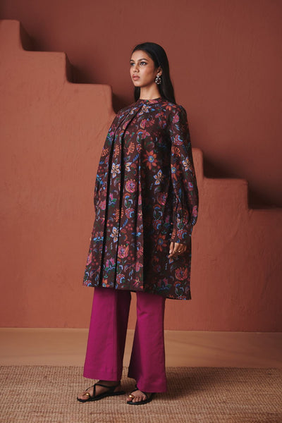 Coffee Chintz Co Linen Front Pleated Kurta Set