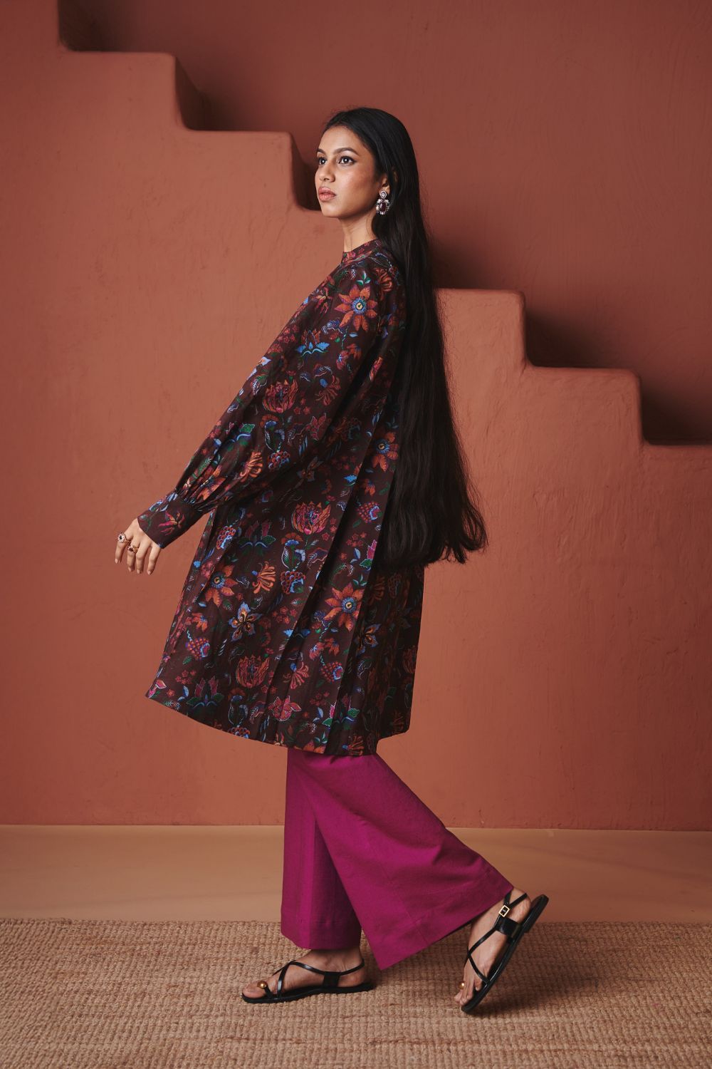 Coffee Chintz Co Linen Front Pleated Kurta Set
