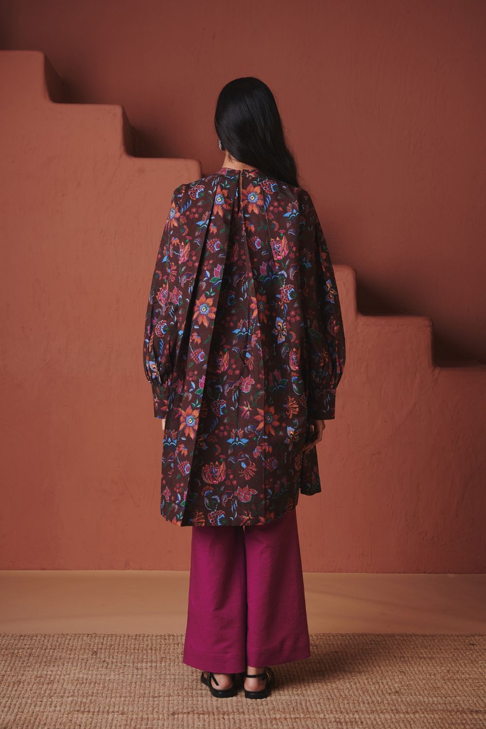 Coffee Chintz Co Linen Front Pleated Kurta Set