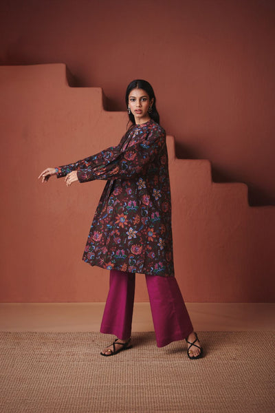 Coffee Chintz Co Linen Front Pleated Kurta Set